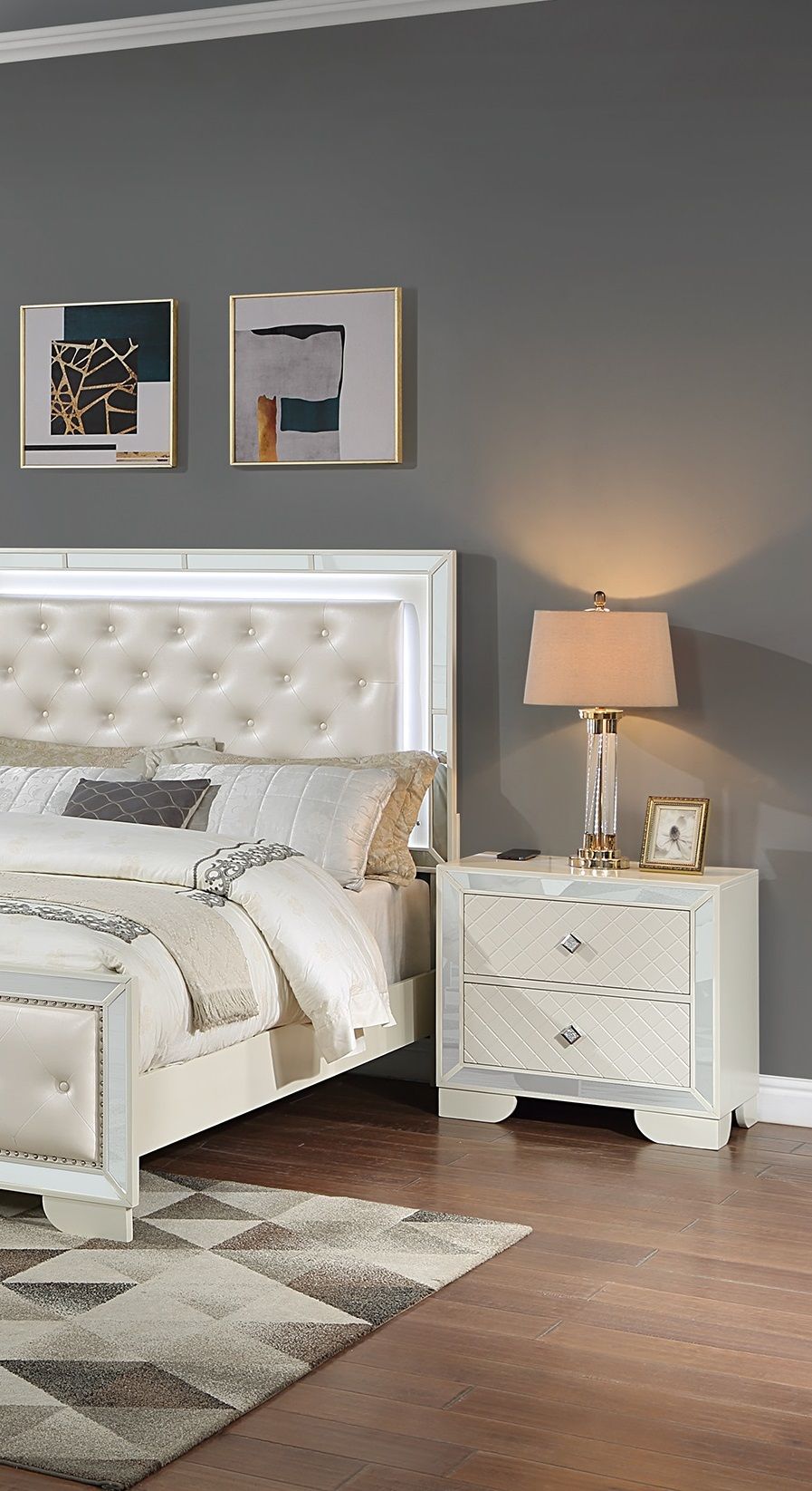 Classic Luxury Look Cream 1pc Nightstand Wooden Bedside Table 2x Drawers w Mirror Glass Panel Bedroom Furniture image 1