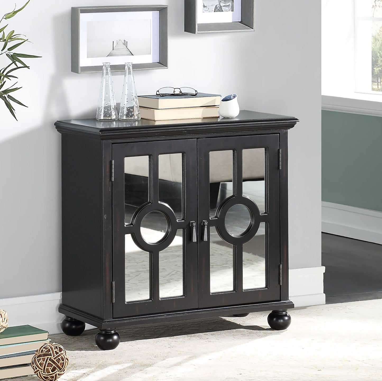 Classic Storage Cabinet 1pc Modern Traditional Accent Chest with Mirror Doors Antique Black Finish Pendant Pulls Wooden  image 1