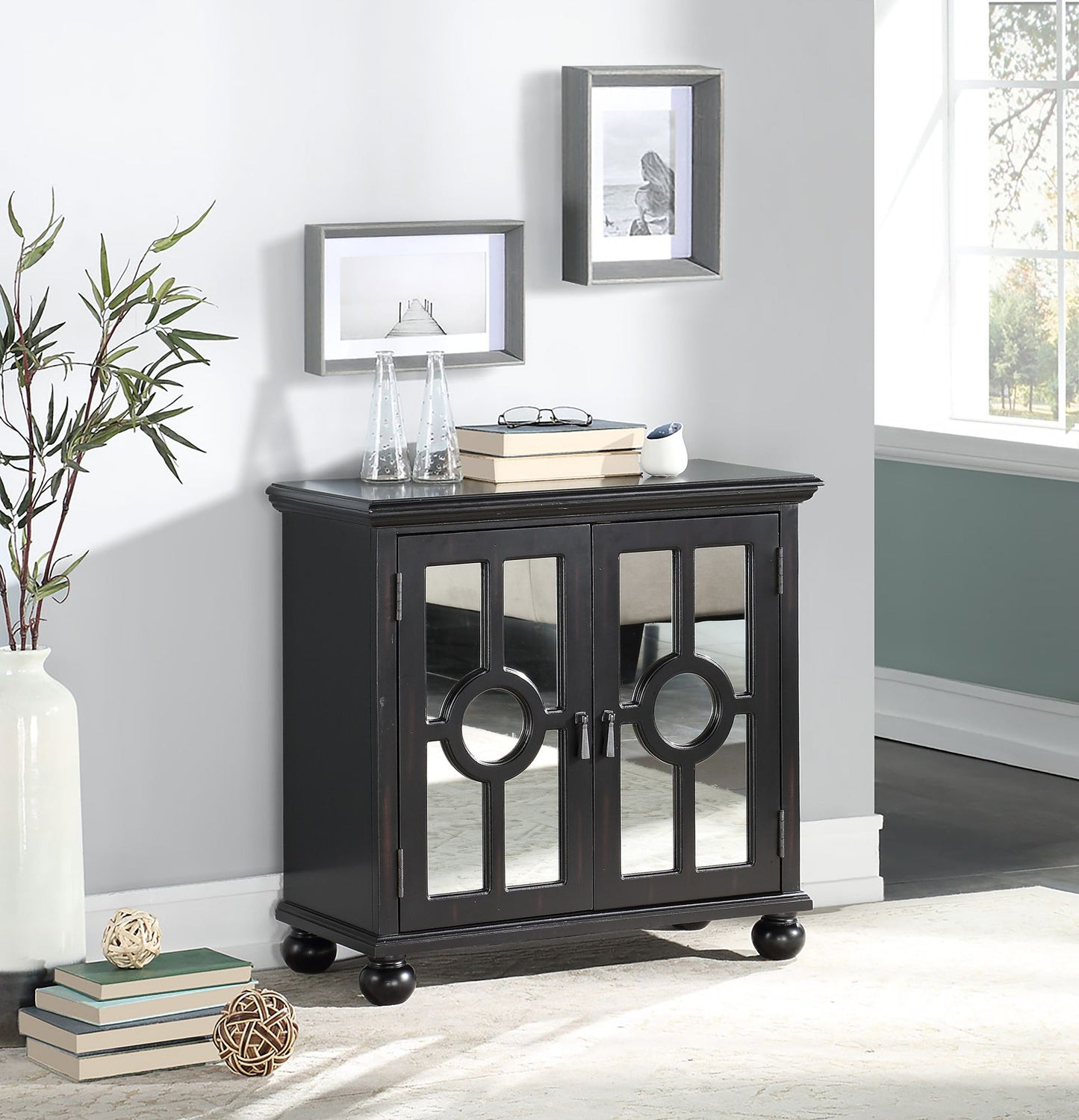 Classic Storage Cabinet 1pc Modern Traditional Accent Chest with Mirror Doors Antique Black Finish Pendant Pulls Wooden  image 6