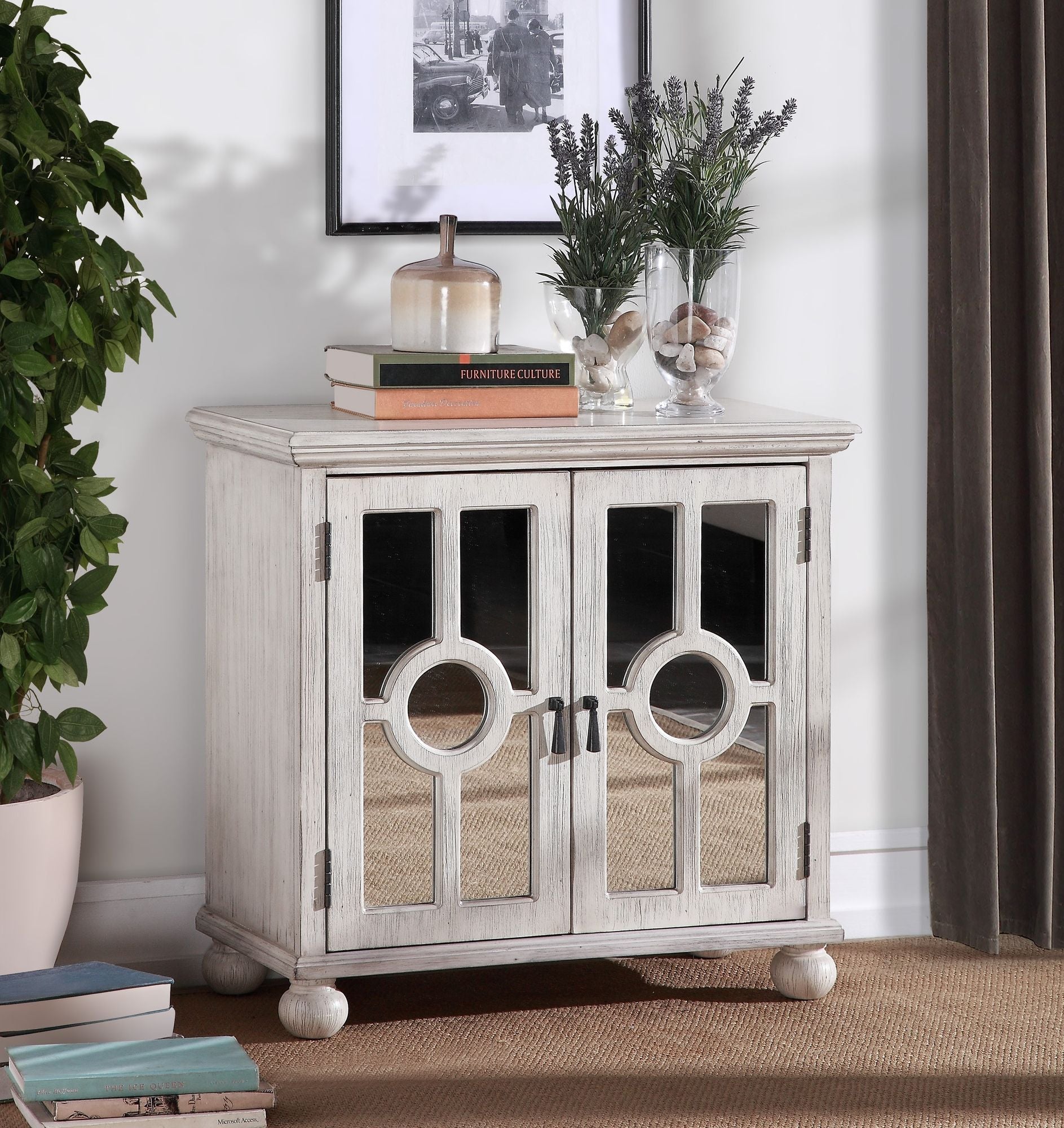 Classic Storage Cabinet Antique White 1pc Modern Traditional Accent Chest with Mirror Doors Pendant Pulls Wooden Furnitu image 1
