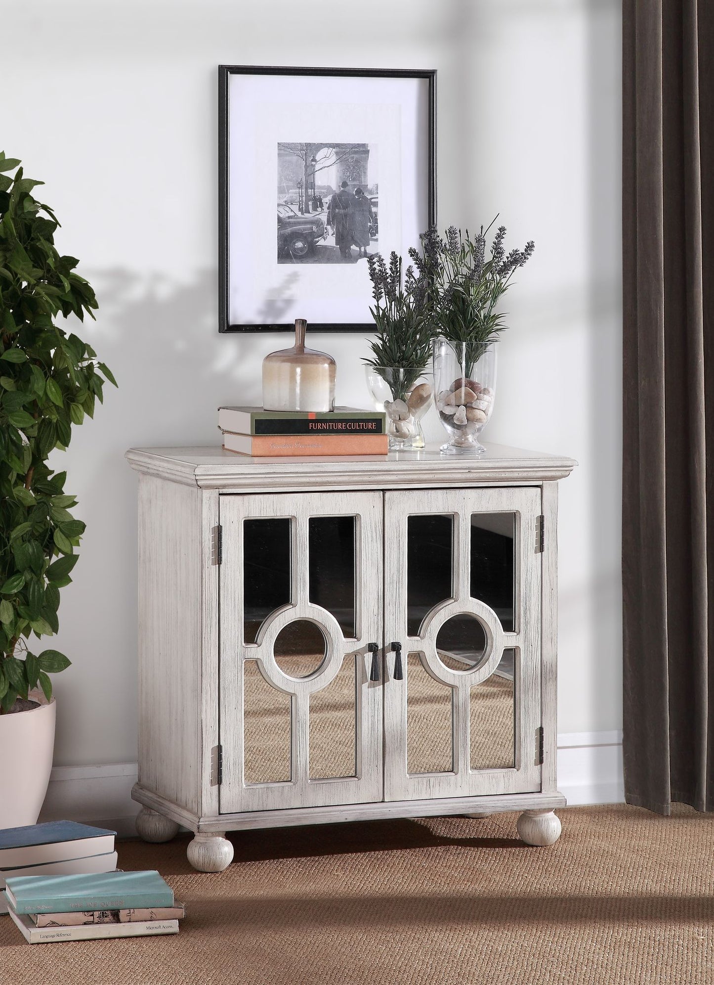 Classic Storage Cabinet Antique White 1pc Modern Traditional Accent Chest with Mirror Doors Pendant Pulls Wooden Furnitu image 6