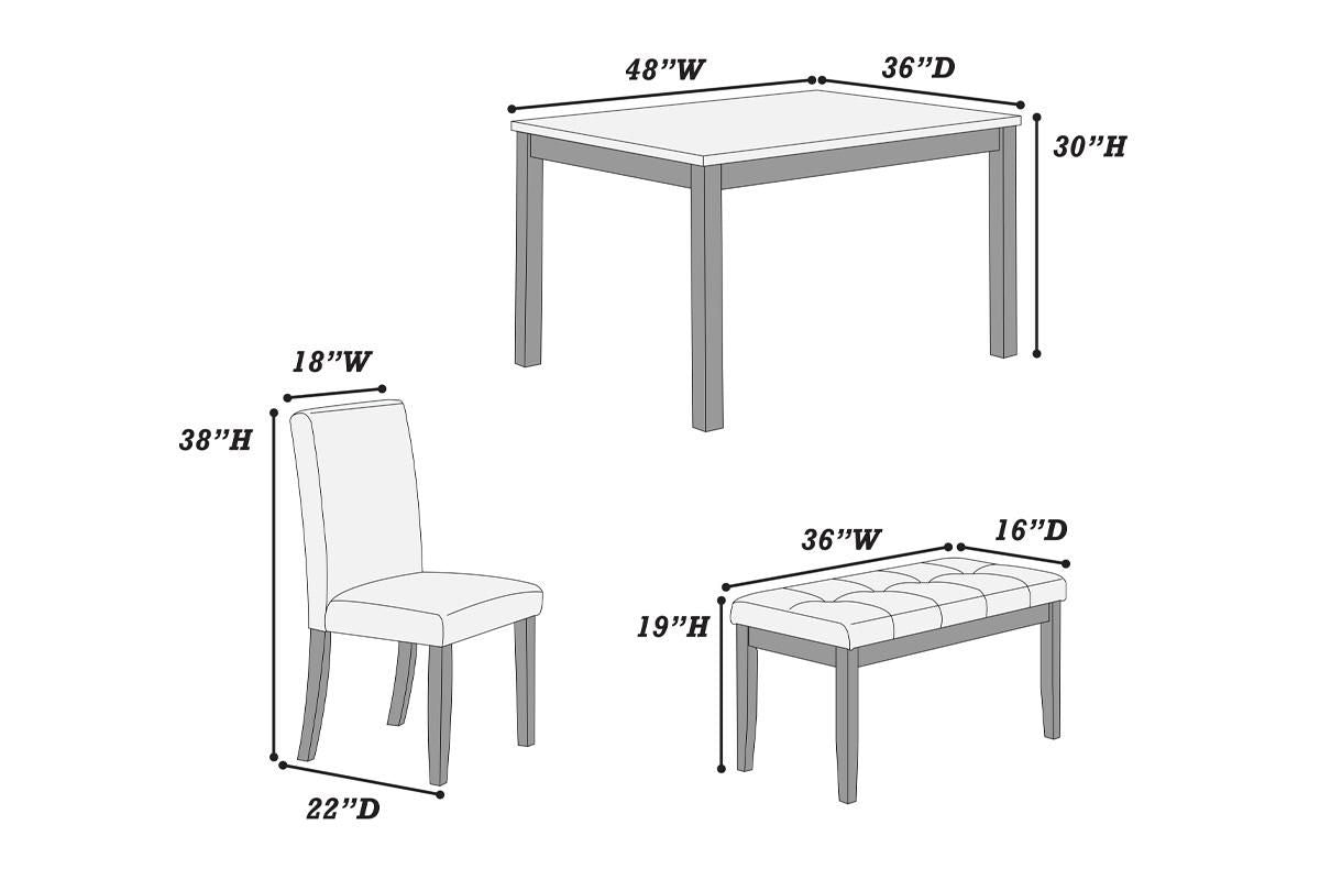 Classic Stylish 5pc Dining Set Kitchen Dinette Faux Marble Top Table Bench and 3x Chairs White Faux Leather Cushions Sea image 6