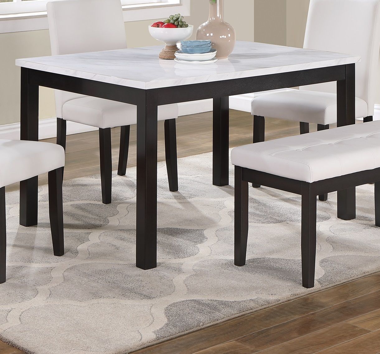 Classic Stylish 5pc Dining Set Kitchen Dinette Faux Marble Top Table Bench and 3x Chairs White Faux Leather Cushions Sea image 3