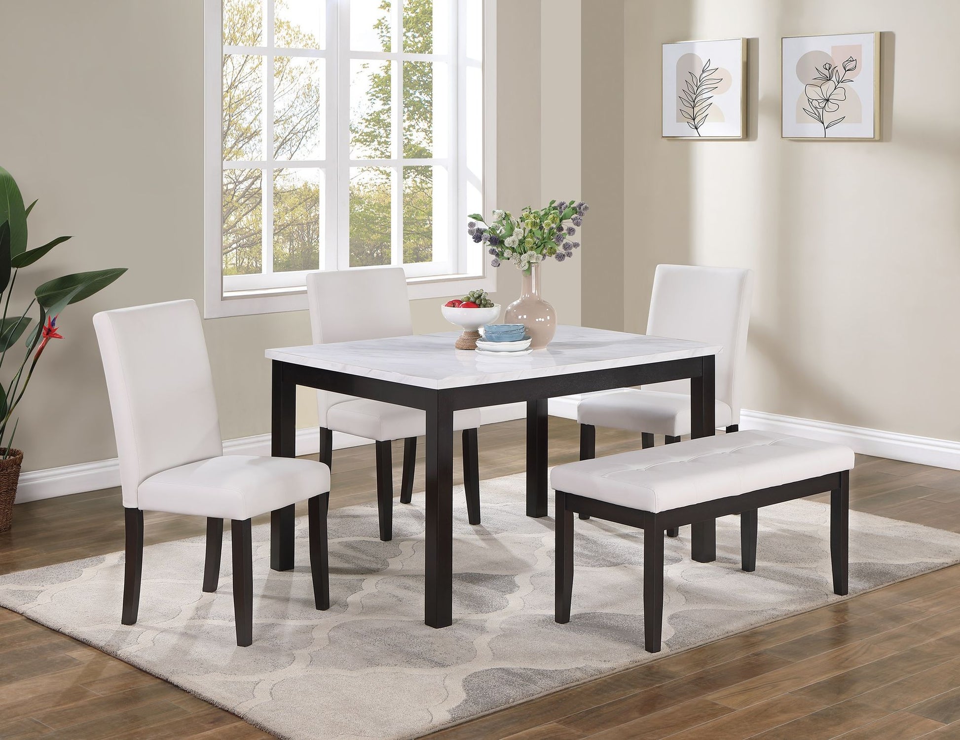 Classic Stylish 5pc Dining Set Kitchen Dinette Faux Marble Top Table Bench and 3x Chairs White Faux Leather Cushions Sea image 1
