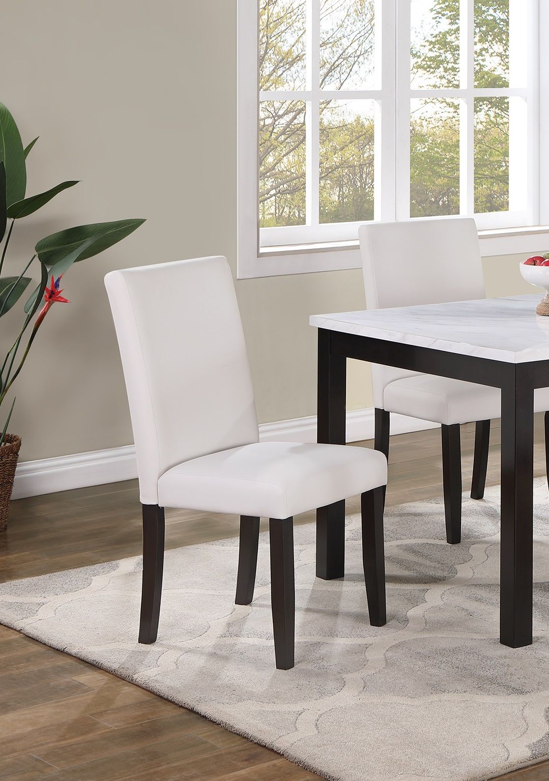 Classic Stylish 5pc Dining Set Kitchen Dinette Faux Marble Top Table Bench and 3x Chairs White Faux Leather Cushions Sea image 4