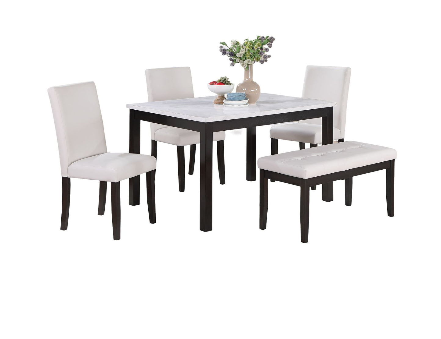 Classic Stylish 5pc Dining Set Kitchen Dinette Faux Marble Top Table Bench and 3x Chairs White Faux Leather Cushions Sea image 2