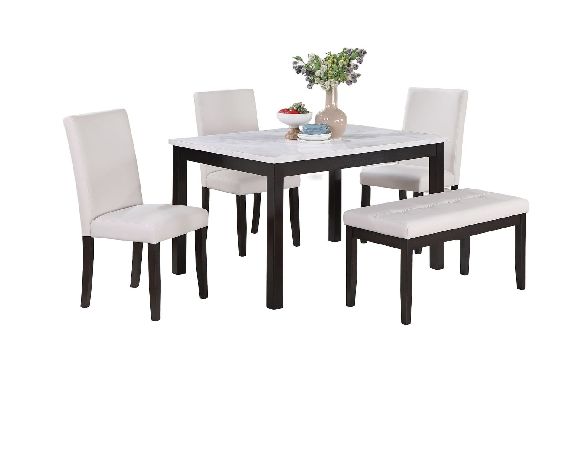 Classic Stylish 5pc Dining Set Kitchen Dinette Faux Marble Top Table Bench and 3x Chairs White Faux Leather Cushions Sea image 2
