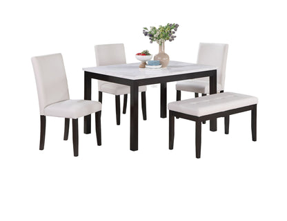 Classic Stylish 5pc Dining Set Kitchen Dinette Faux Marble Top Table Bench and 3x Chairs White Faux Leather Cushions Sea image 2