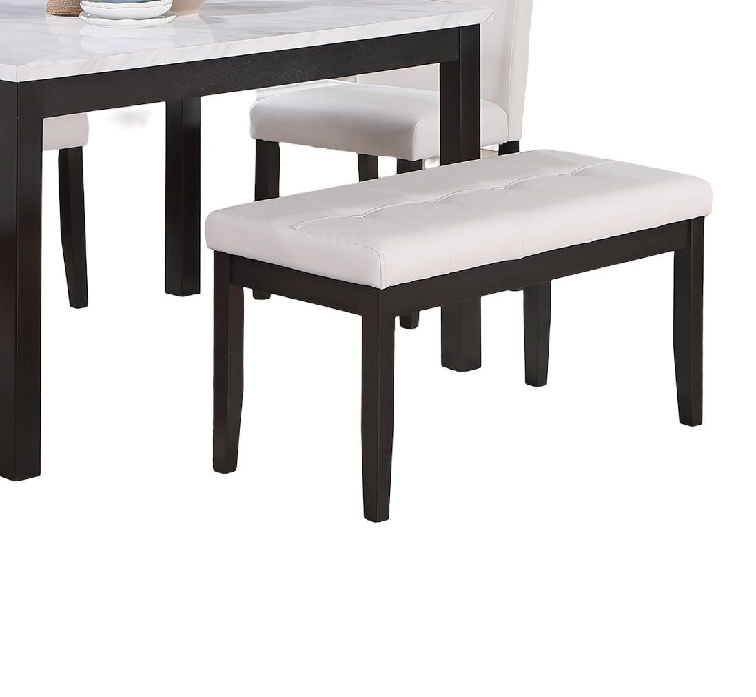 Classic Stylish 5pc Dining Set Kitchen Dinette Faux Marble Top Table Bench and 3x Chairs White Faux Leather Cushions Sea image 7