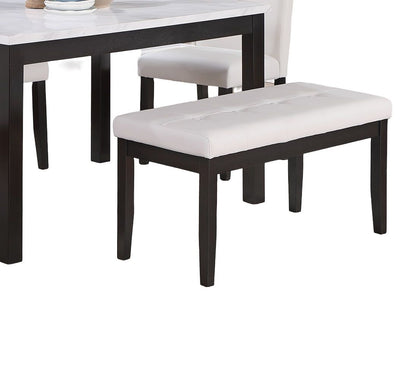Classic Stylish 5pc Dining Set Kitchen Dinette Faux Marble Top Table Bench and 3x Chairs White Faux Leather Cushions Sea image 7