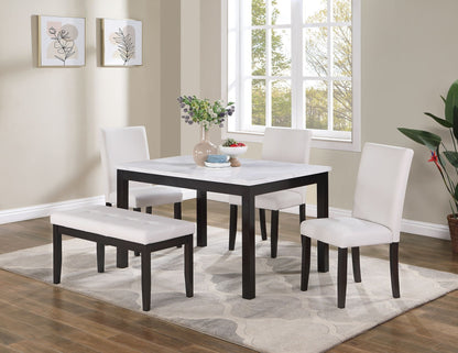 Classic Stylish 5pc Dining Set Kitchen Dinette Faux Marble Top Table Bench and 3x Chairs White Faux Leather Cushions Sea image 9
