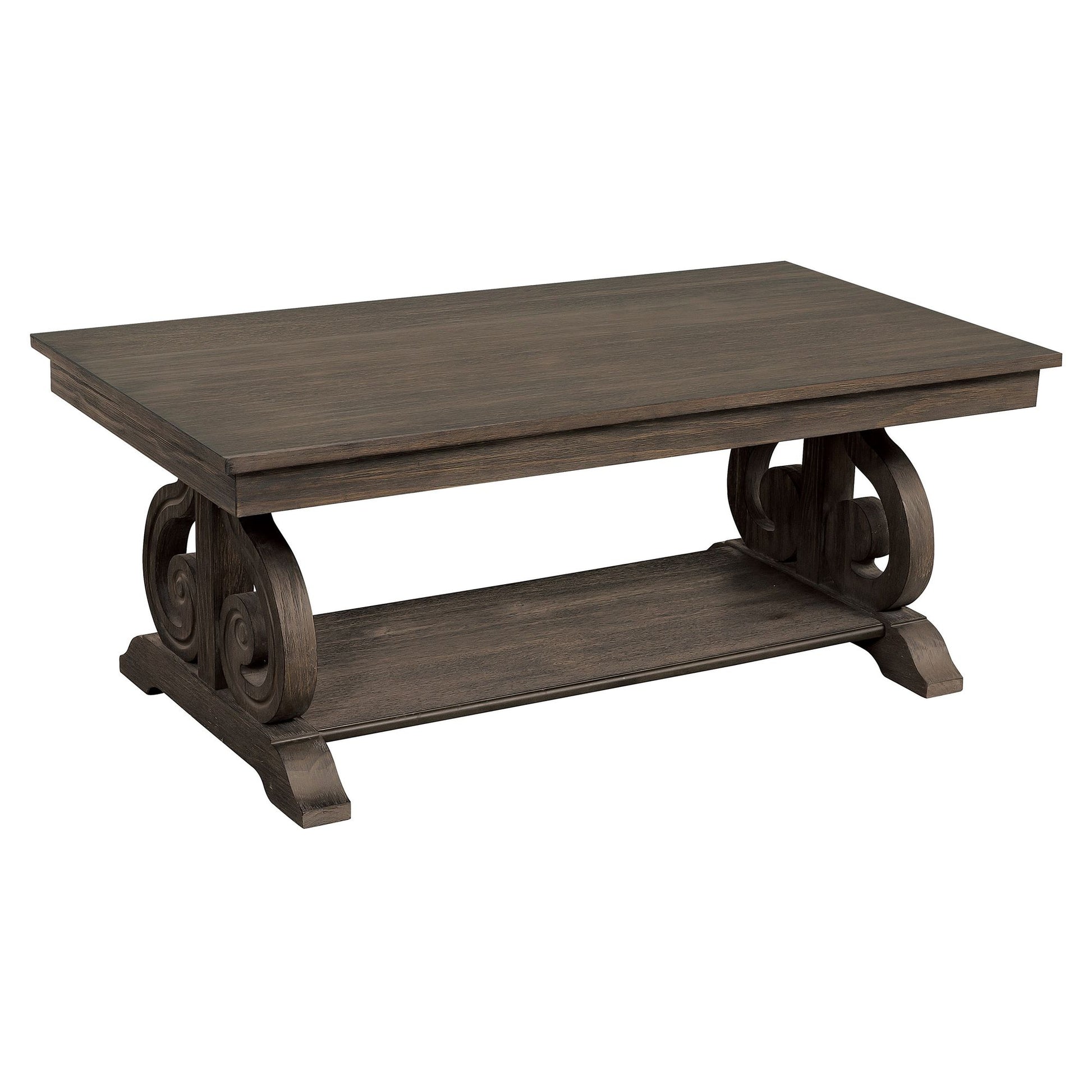 Classic Traditional Cocktail Table with Bottom Shelf Dark Oak Finish Scrolled Base Support 1pc Wooden Furniture Living R image 2