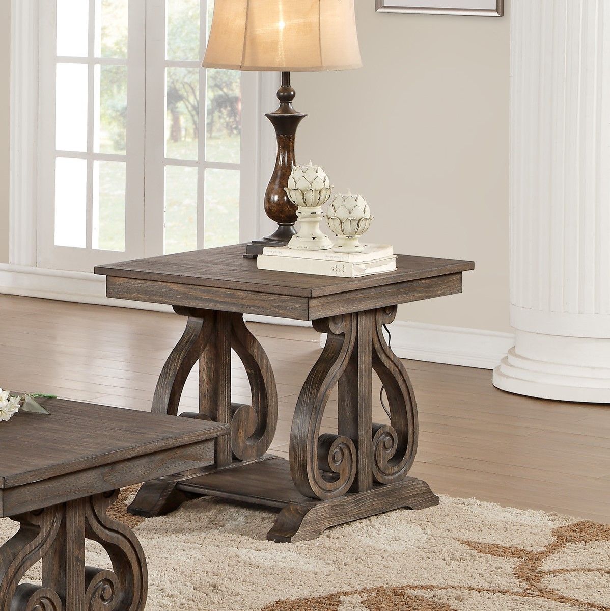 Classic Traditional End Table with Bottom Shelf Dark Oak Finish Scrolled Base Support 1pc Wooden Furniture Living Room image 1