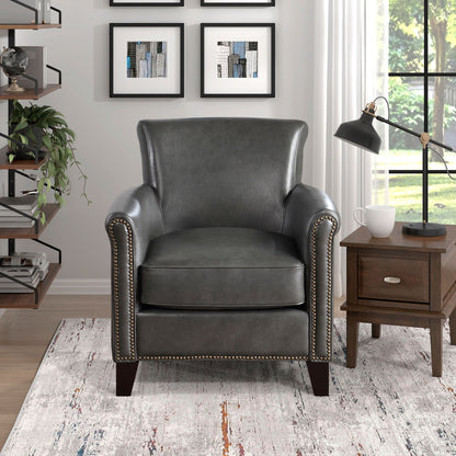 Classic Traditional Gray Accent Chair 1pc Solid Wood Frame Top-Grain Leather Nailhead Trim Living Room Furniture image 5