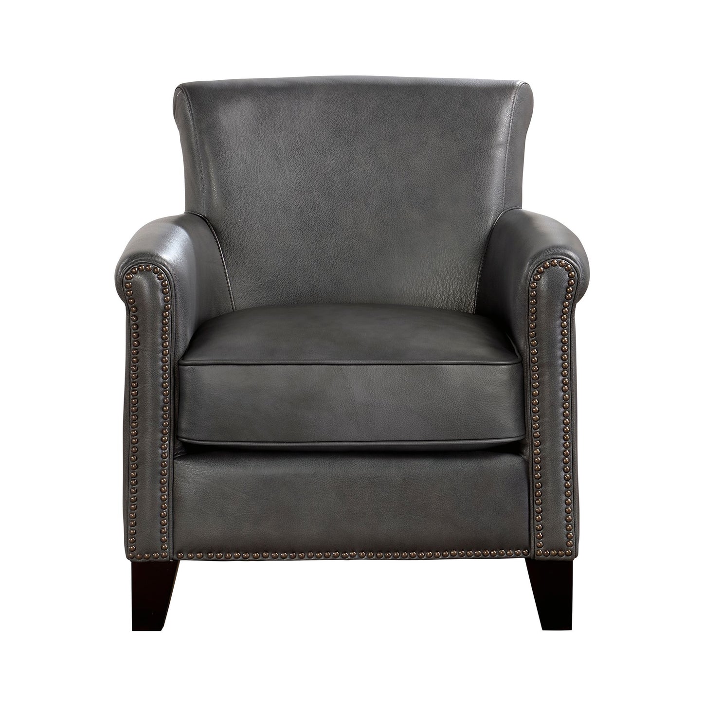 Classic Traditional Gray Accent Chair 1pc Solid Wood Frame Top-Grain Leather Nailhead Trim Living Room Furniture image 2