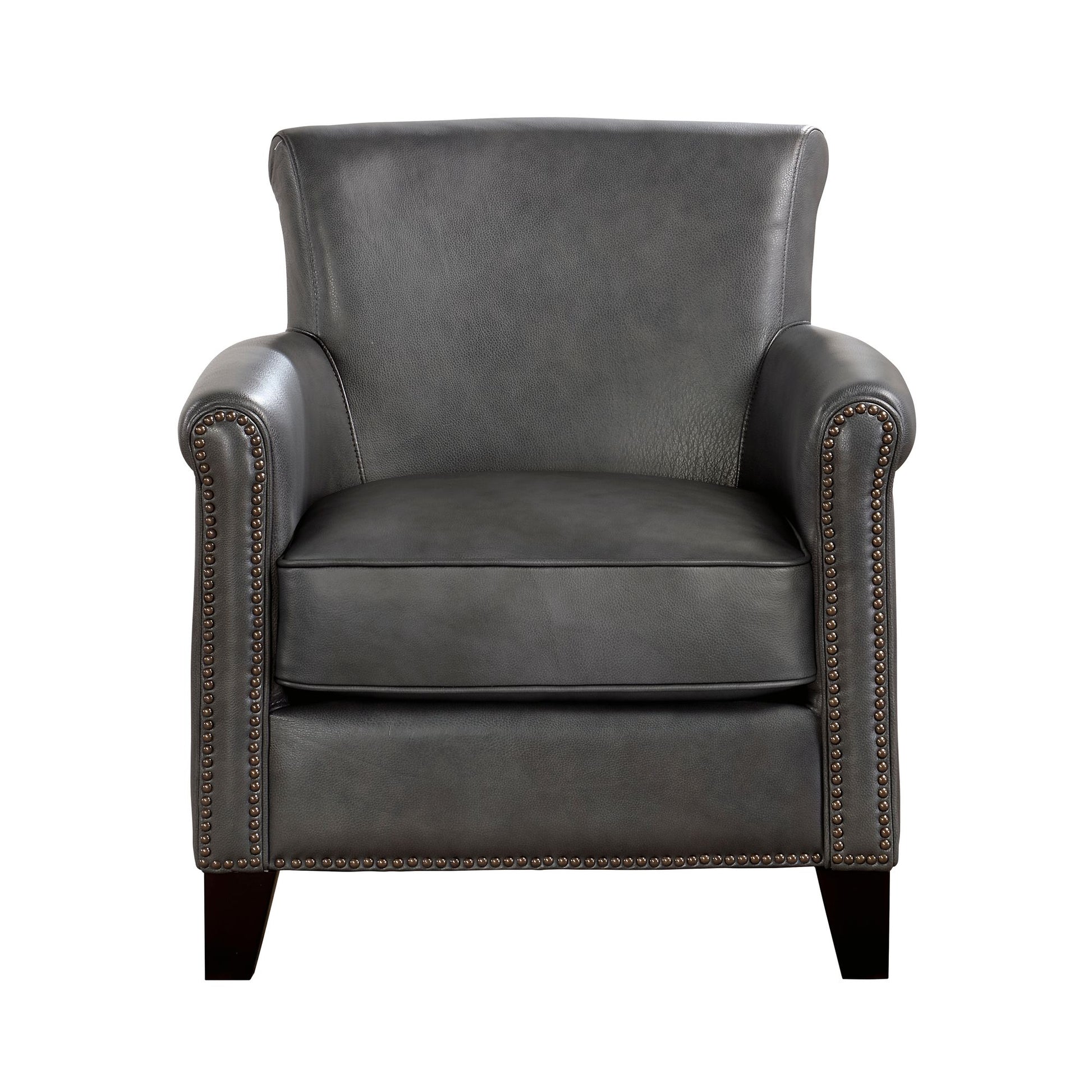 Classic Traditional Gray Accent Chair 1pc Solid Wood Frame Top-Grain Leather Nailhead Trim Living Room Furniture image 2