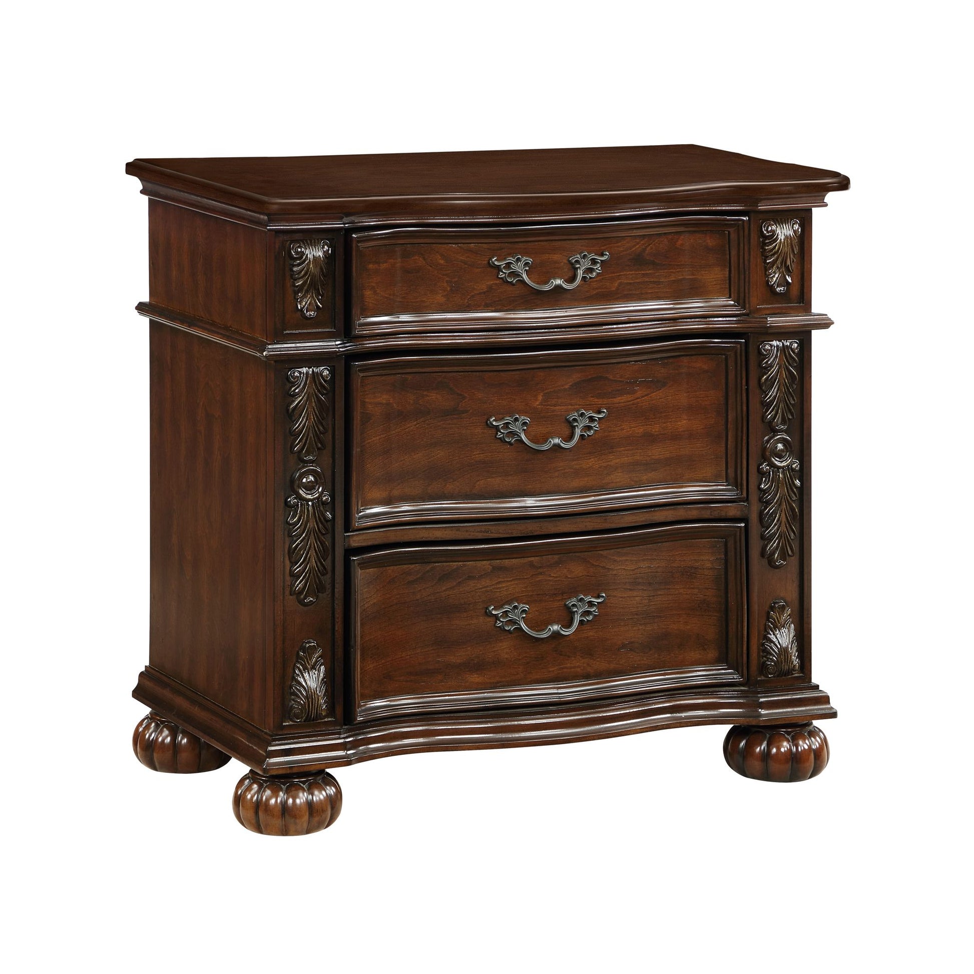 Classic Traditional Nightstand of 3 Drawers Cherry Finish Carving Wooden Bedroom Furniture 1pc image 1