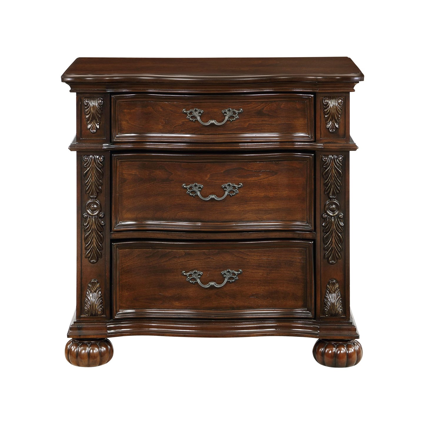 Classic Traditional Nightstand of 3 Drawers Cherry Finish Carving Wooden Bedroom Furniture 1pc image 3