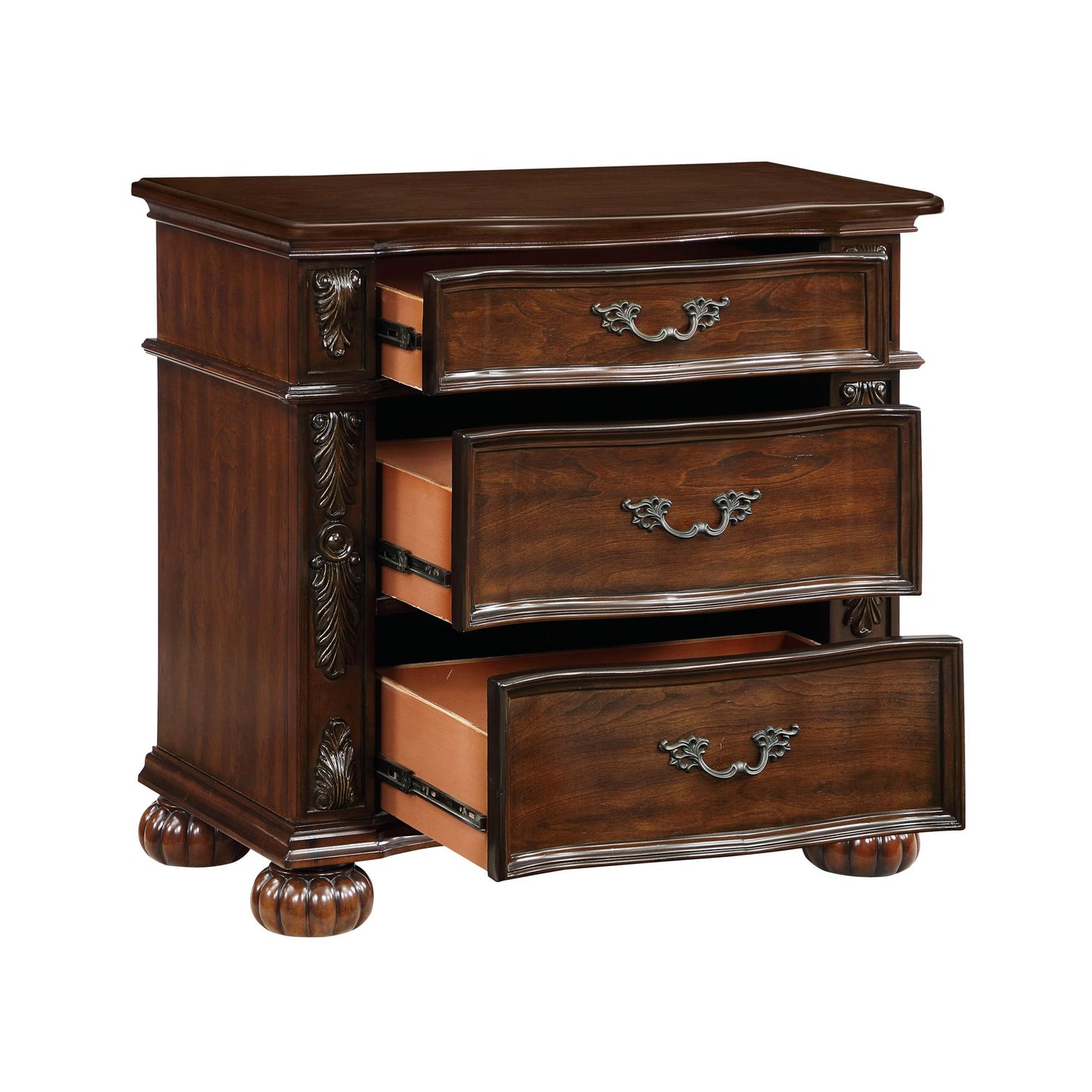Classic Traditional Nightstand of 3 Drawers Cherry Finish Carving Wooden Bedroom Furniture 1pc image 2