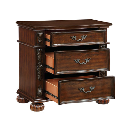 Classic Traditional Nightstand of 3 Drawers Cherry Finish Carving Wooden Bedroom Furniture 1pc image 2