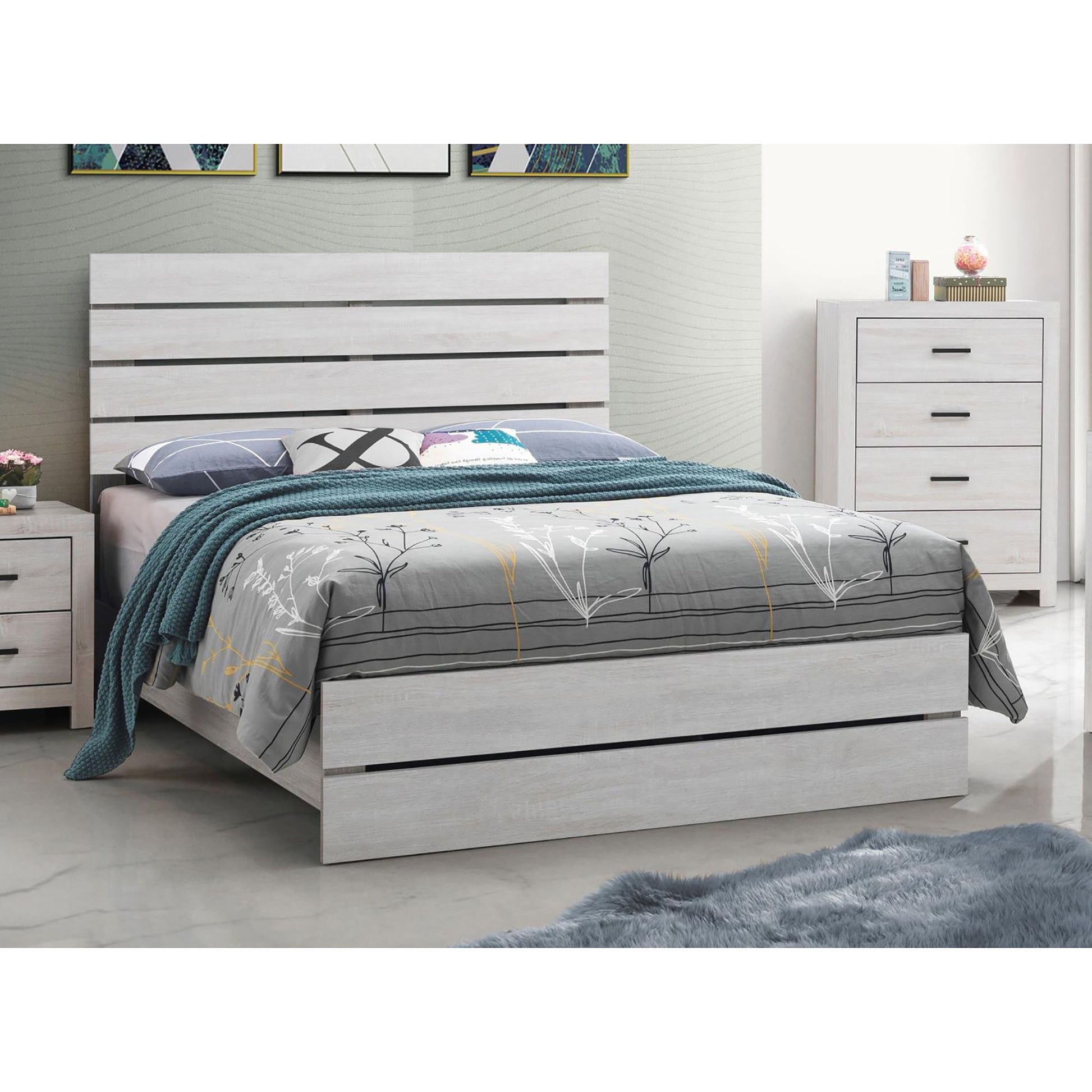 Coastal White Slatted Headboard Queen Panel Bed image 1