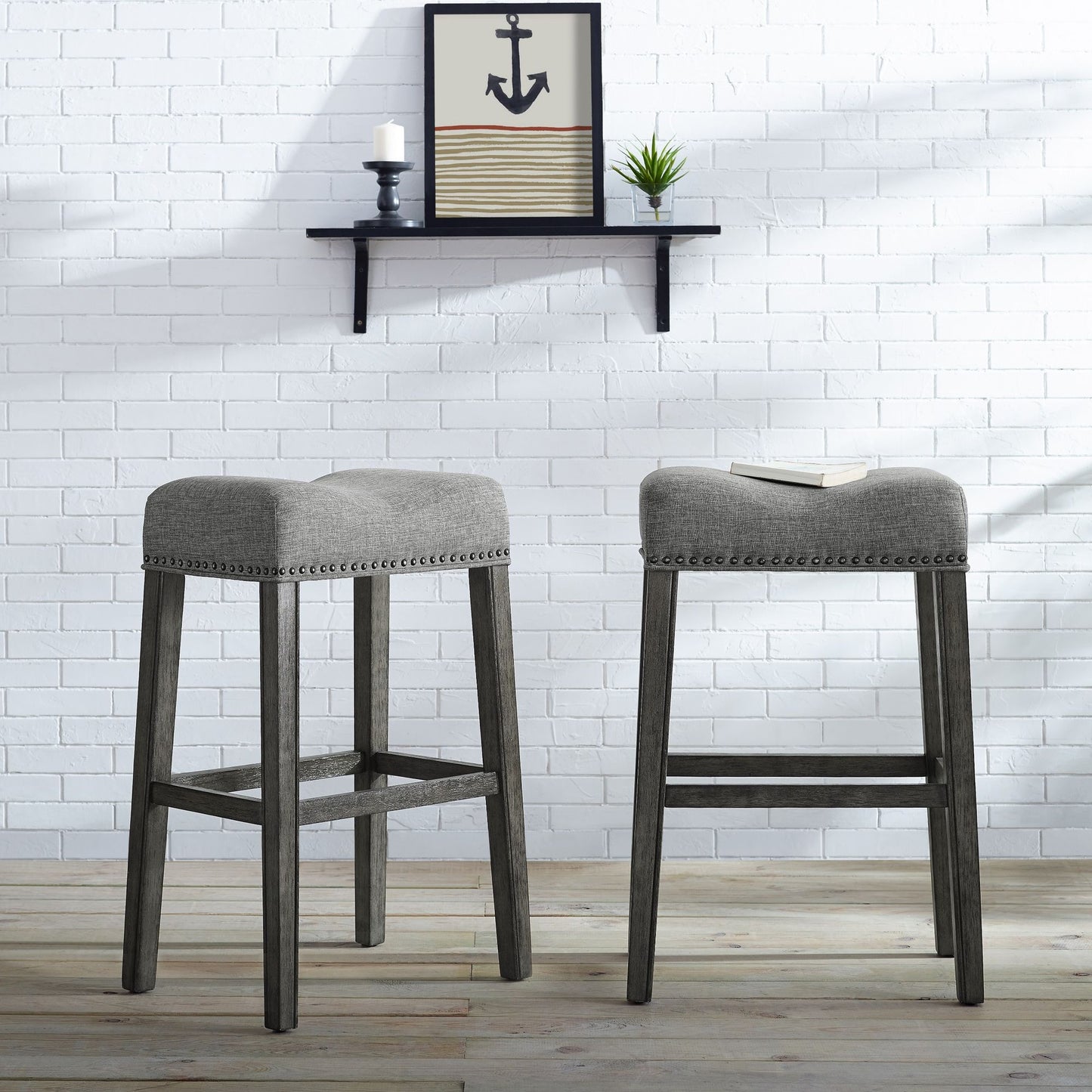 CoCo Upholstered Backless Saddle Seat Bar Stools 29" height Set of 2, Gray image 1