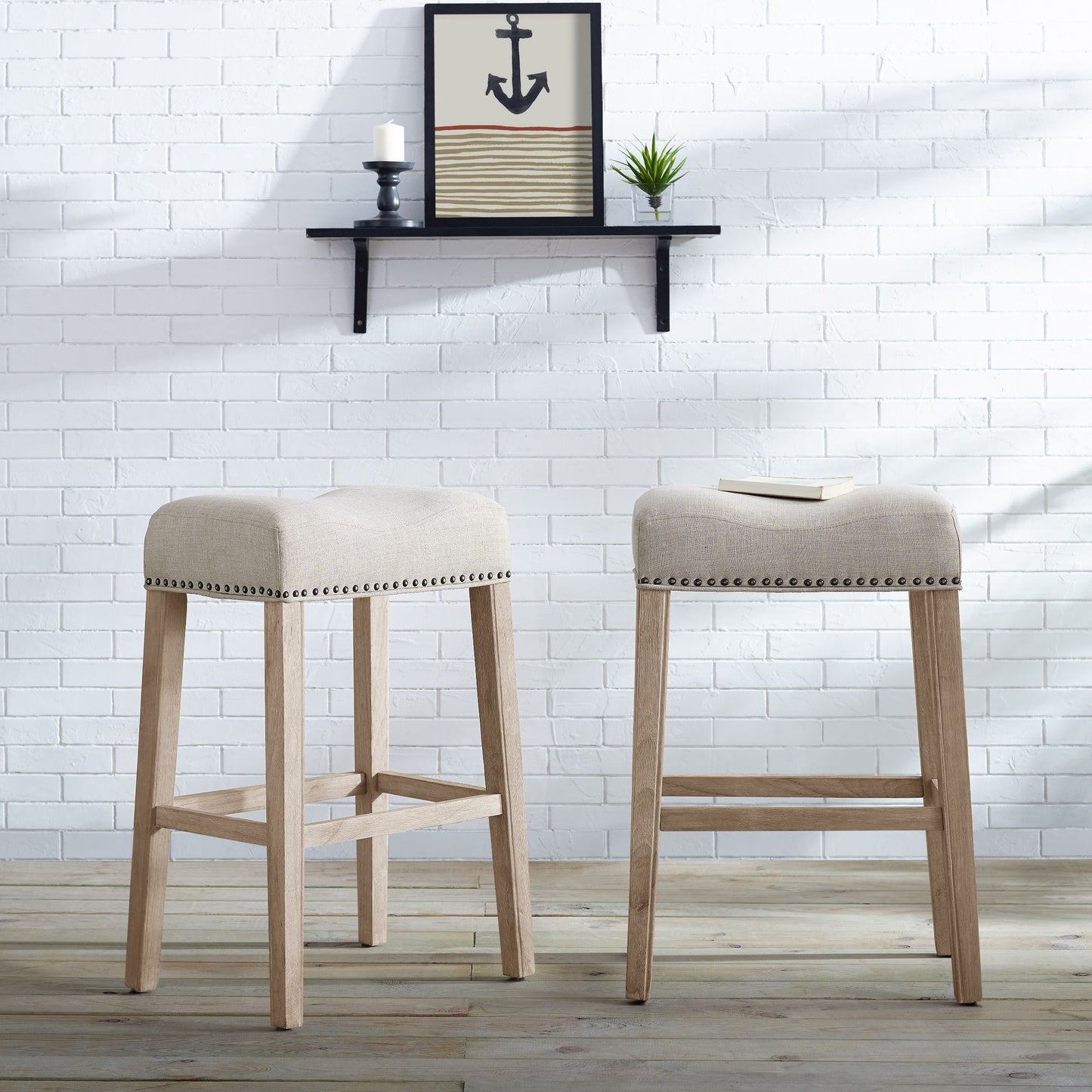 CoCo Upholstered Backless Saddle Seat Bar Stools 29" height Set of 2, Tan image 1