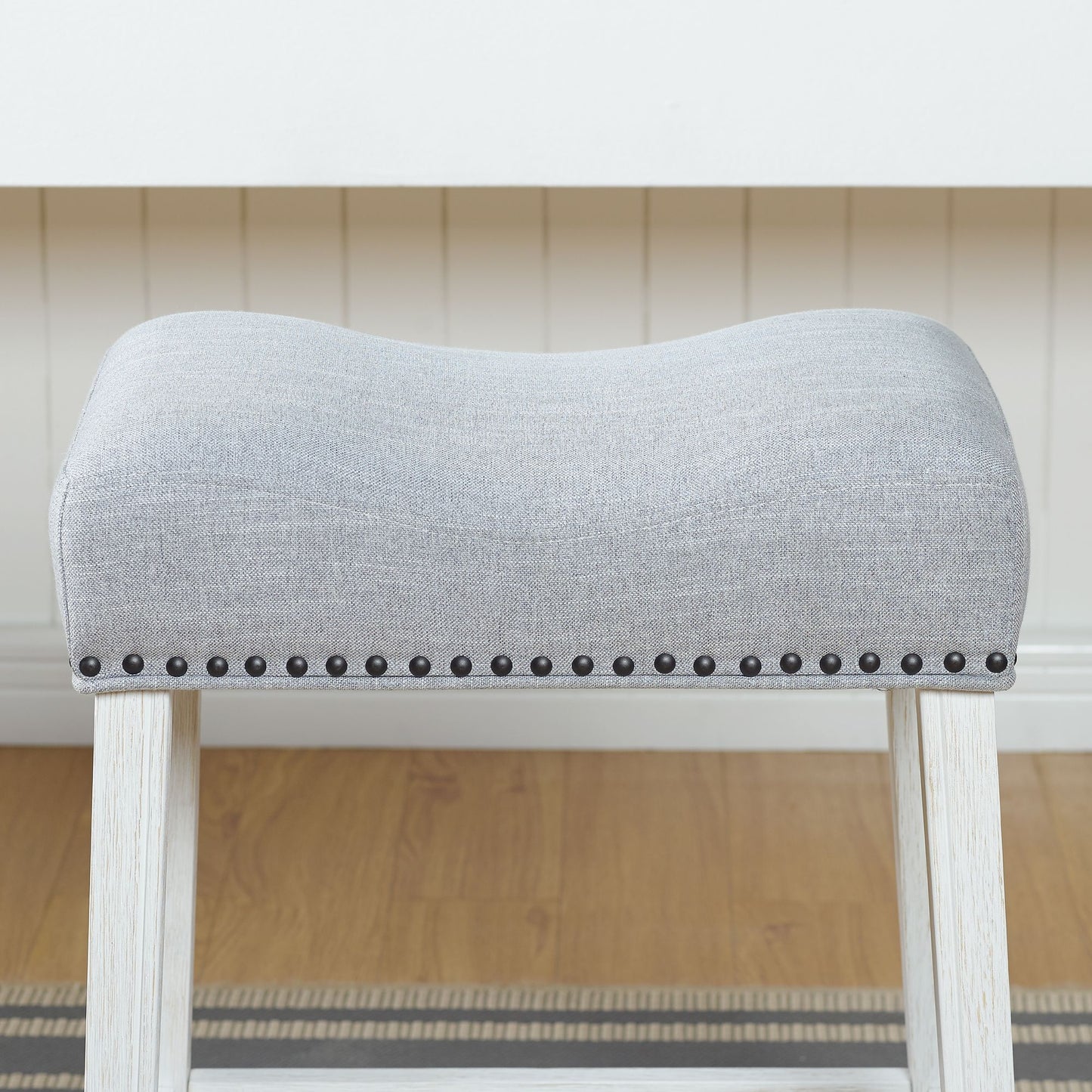 CoCo Upholstered Counter Height Stools - Saddle Seat, White-Washed Finish, Gray Fabric, Set of 2 image 6