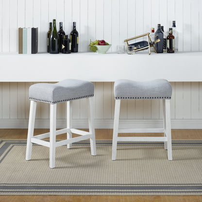 CoCo Upholstered Counter Height Stools - Saddle Seat, White-Washed Finish, Gray Fabric, Set of 2 image 5