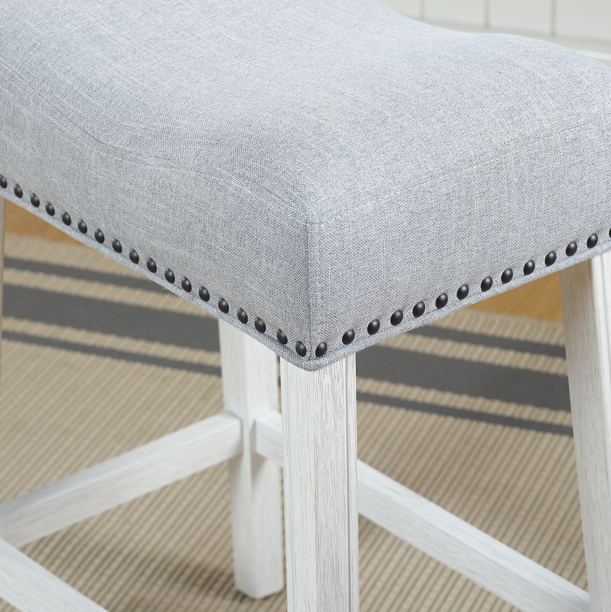 CoCo Upholstered Counter Height Stools - Saddle Seat, White-Washed Finish, Gray Fabric, Set of 2 image 7