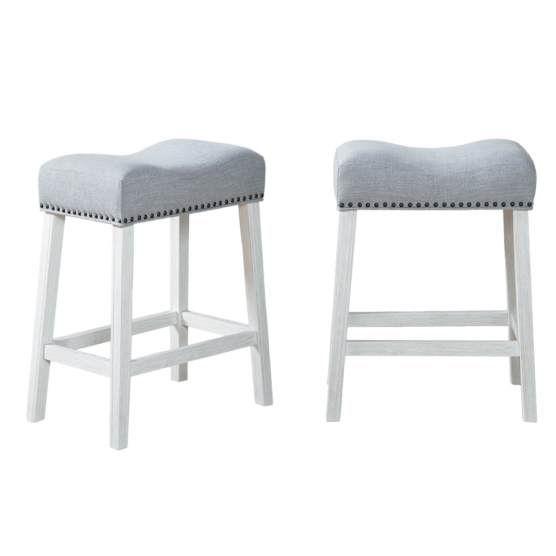 CoCo Upholstered Counter Height Stools - Saddle Seat, White-Washed Finish, Gray Fabric, Set of 2 image 10
