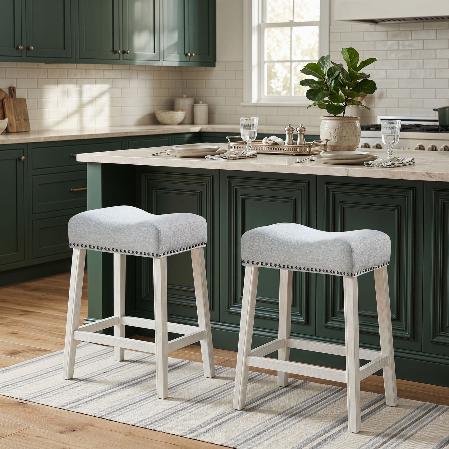 CoCo Upholstered Counter Height Stools - Saddle Seat, White-Washed Finish, Gray Fabric, Set of 2 image 4
