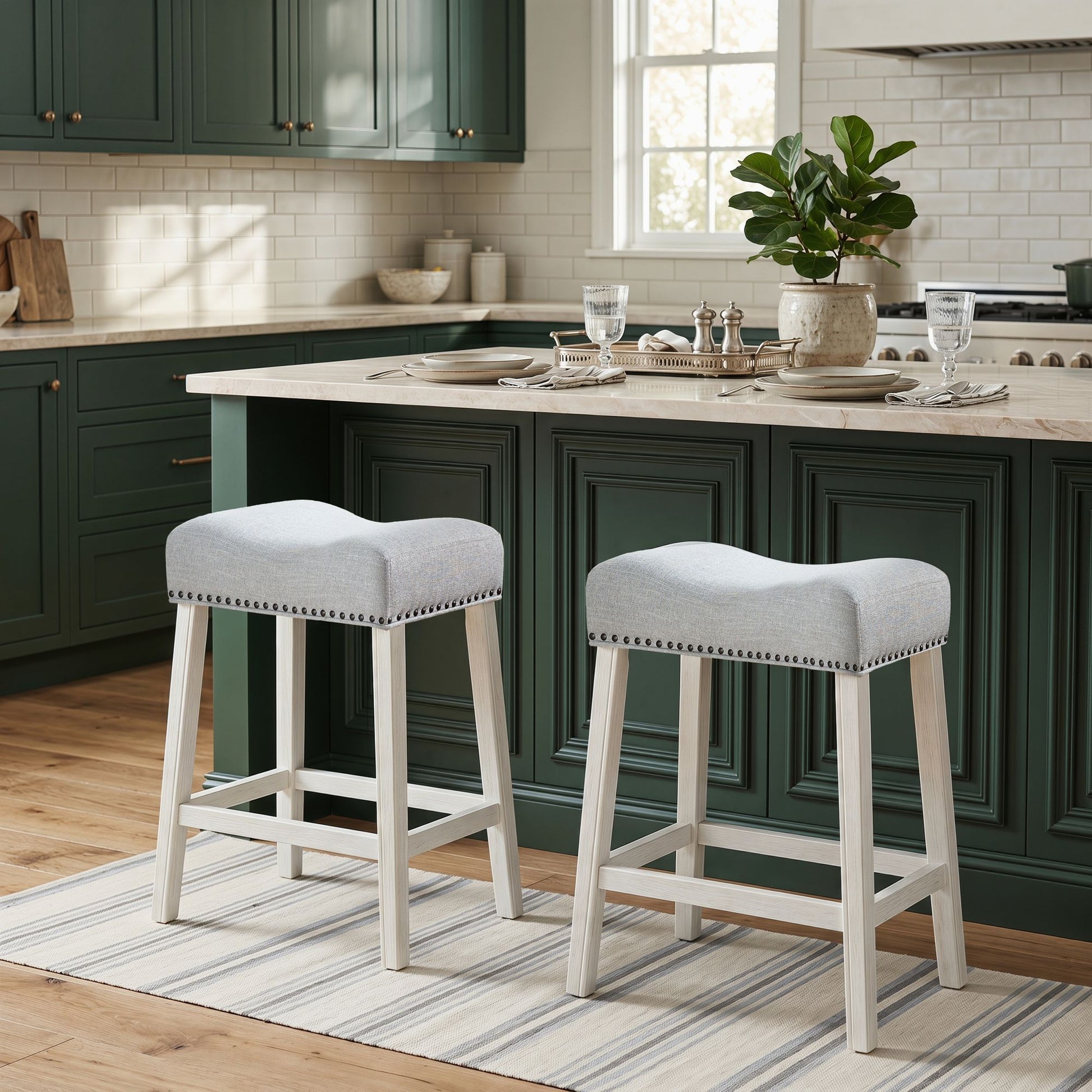 CoCo Upholstered Counter Height Stools - Saddle Seat, White-Washed Finish, Gray Fabric, Set of 2 image 4