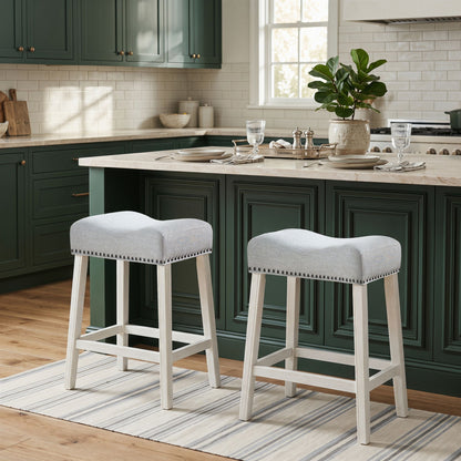 CoCo Upholstered Counter Height Stools - Saddle Seat, White-Washed Finish, Gray Fabric, Set of 2 image 4