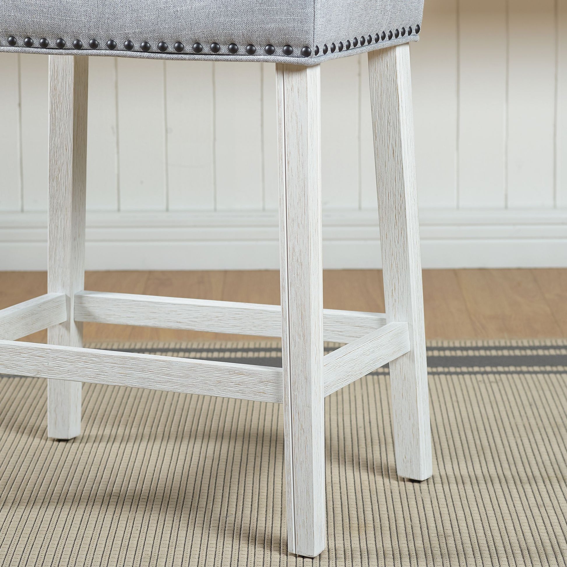 CoCo Upholstered Counter Height Stools - Saddle Seat, White-Washed Finish, Gray Fabric, Set of 2 image 8