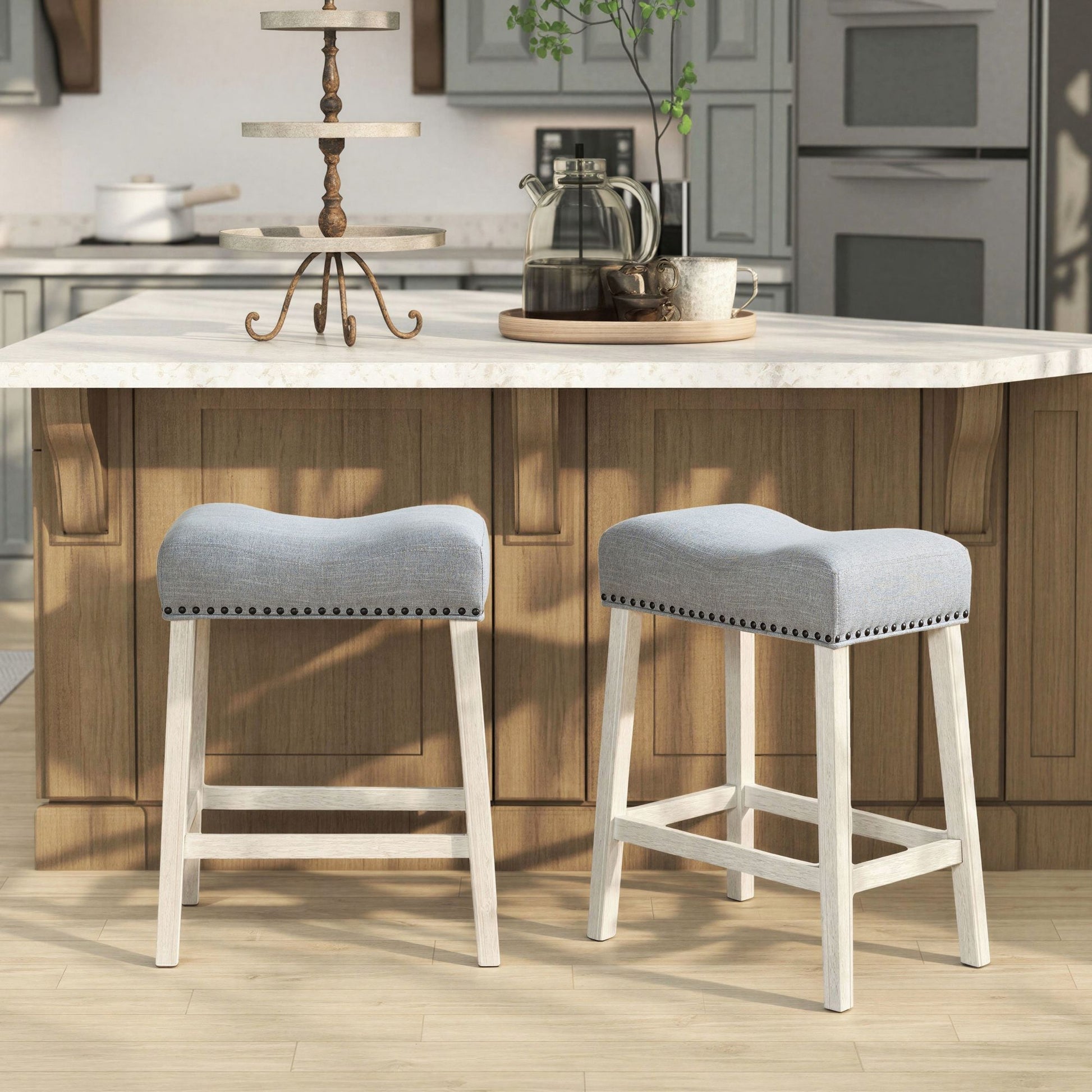 CoCo Upholstered Counter Height Stools - Saddle Seat, White-Washed Finish, Gray Fabric, Set of 2 image 1