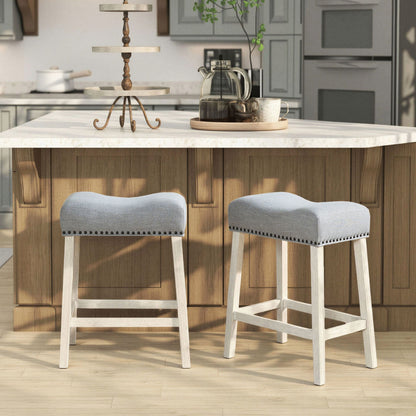 CoCo Upholstered Counter Height Stools - Saddle Seat, White-Washed Finish, Gray Fabric, Set of 2 image 1