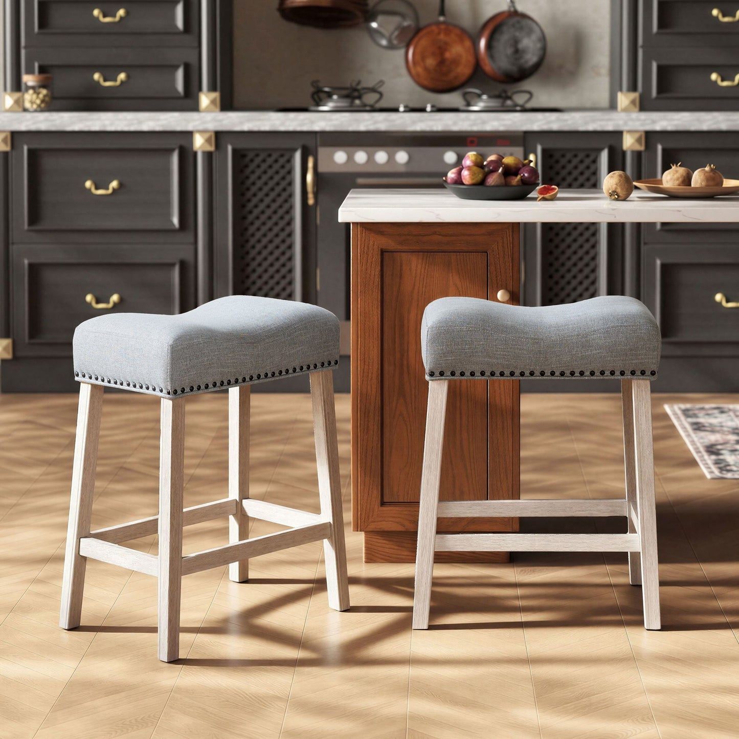 CoCo Upholstered Counter Height Stools - Saddle Seat, White-Washed Finish, Gray Fabric, Set of 2 image 3