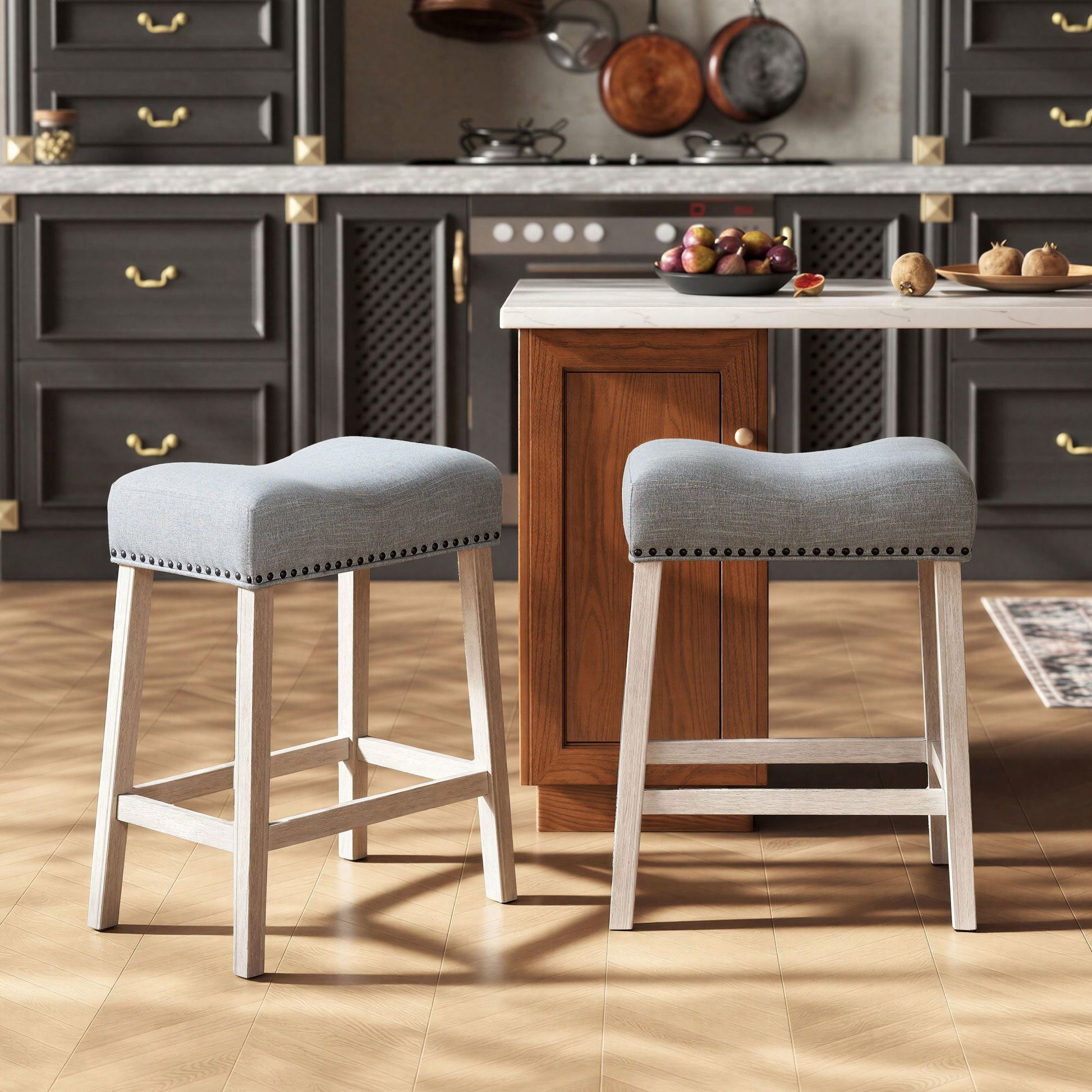 CoCo Upholstered Counter Height Stools - Saddle Seat, White-Washed Finish, Gray Fabric, Set of 2 image 3