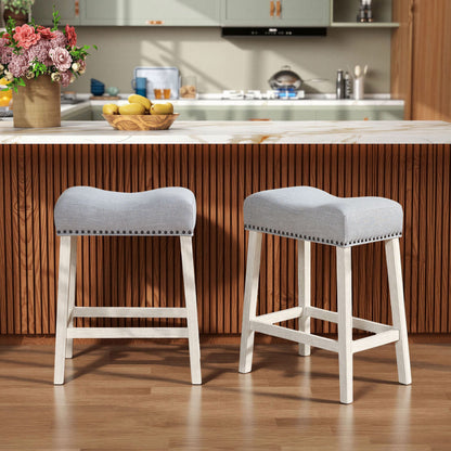 CoCo Upholstered Counter Height Stools - Saddle Seat, White-Washed Finish, Gray Fabric, Set of 2 image 2