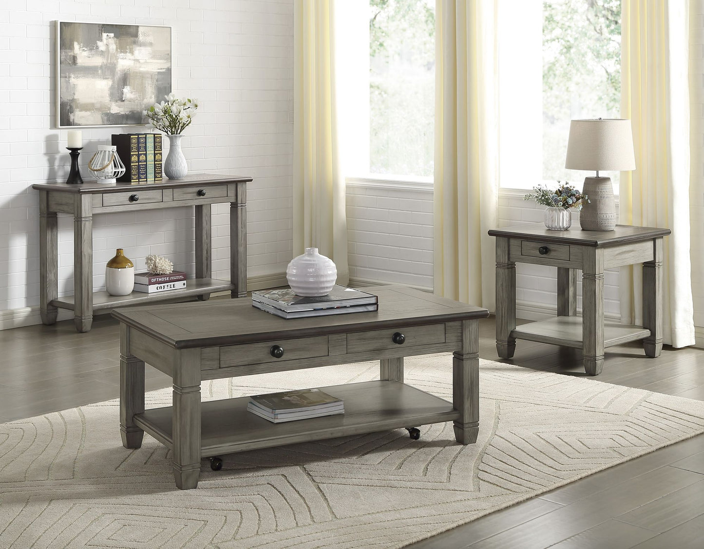 Coffee and Antique Gray Finish 1pc End Table with Drawer Bottom Shelf Wooden Living Room Furniture Side Table image 5