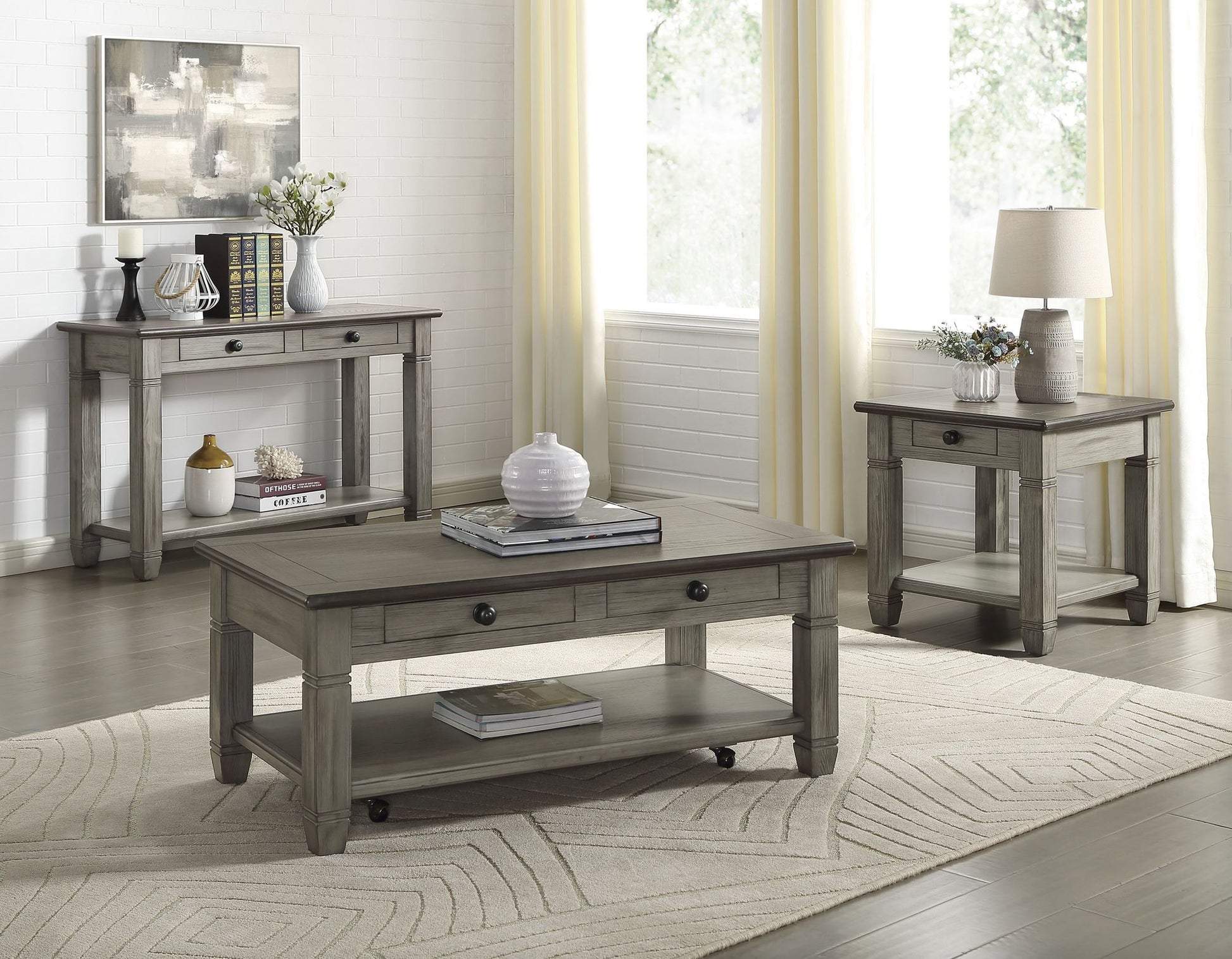 Coffee and Antique Gray Finish 1pc End Table with Drawer Bottom Shelf Wooden Living Room Furniture Side Table image 5