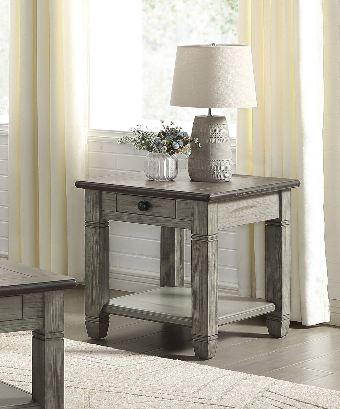 Coffee and Antique Gray Finish 1pc End Table with Drawer Bottom Shelf Wooden Living Room Furniture Side Table image 1