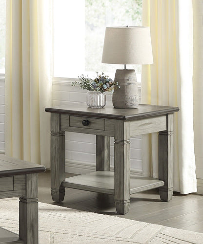 Coffee and Antique Gray Finish 1pc End Table with Drawer Bottom Shelf Wooden Living Room Furniture Side Table image 1