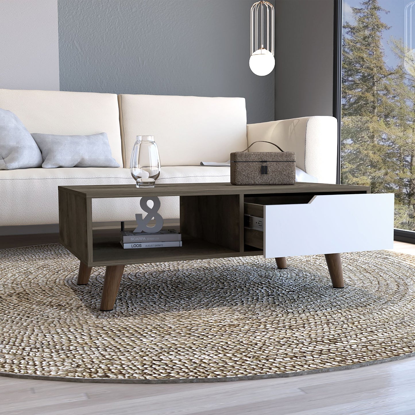 Coffee Table, One Open Shelf, One Drawer, Dark Brown/White image 2