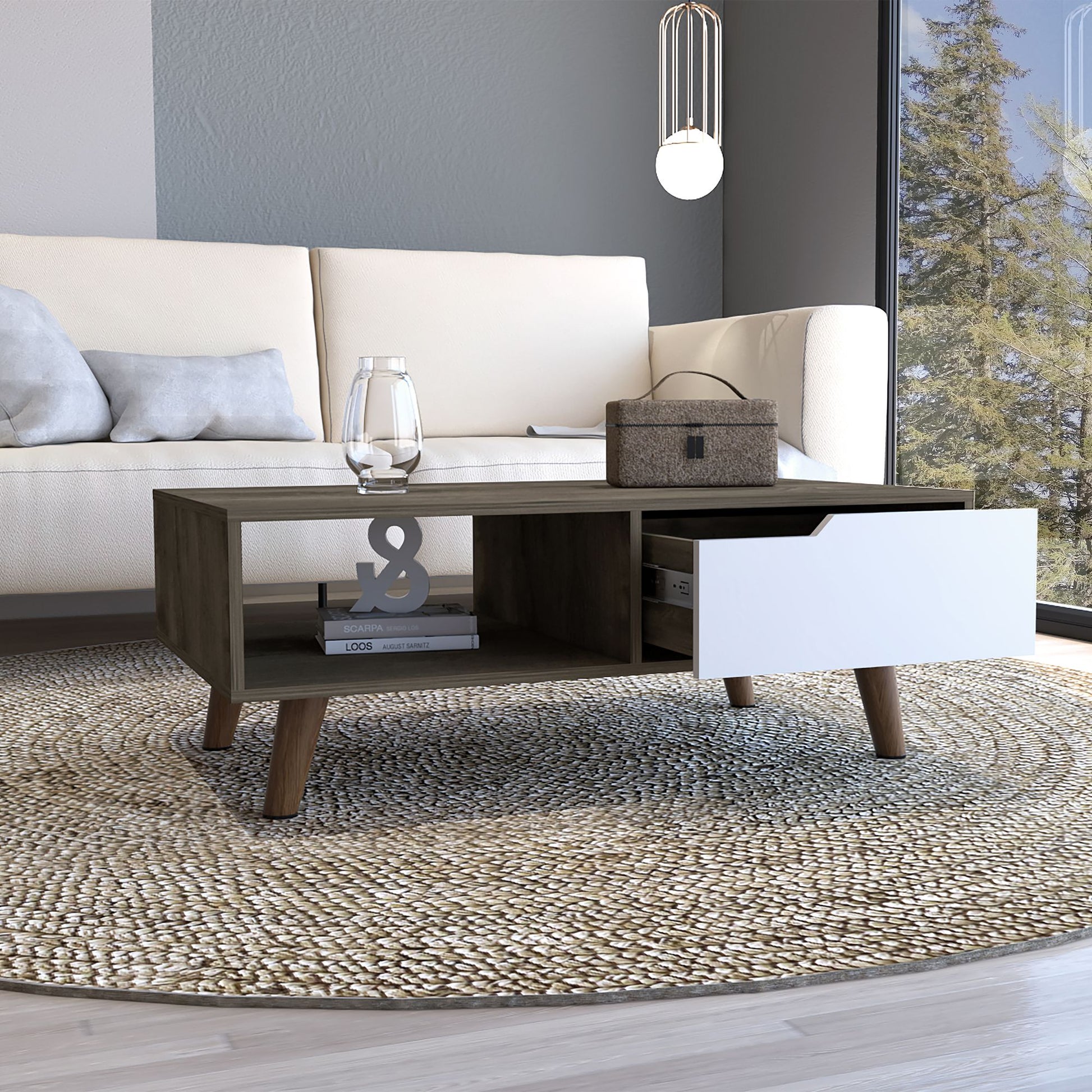 Coffee Table, One Open Shelf, One Drawer, Dark Brown/White image 2