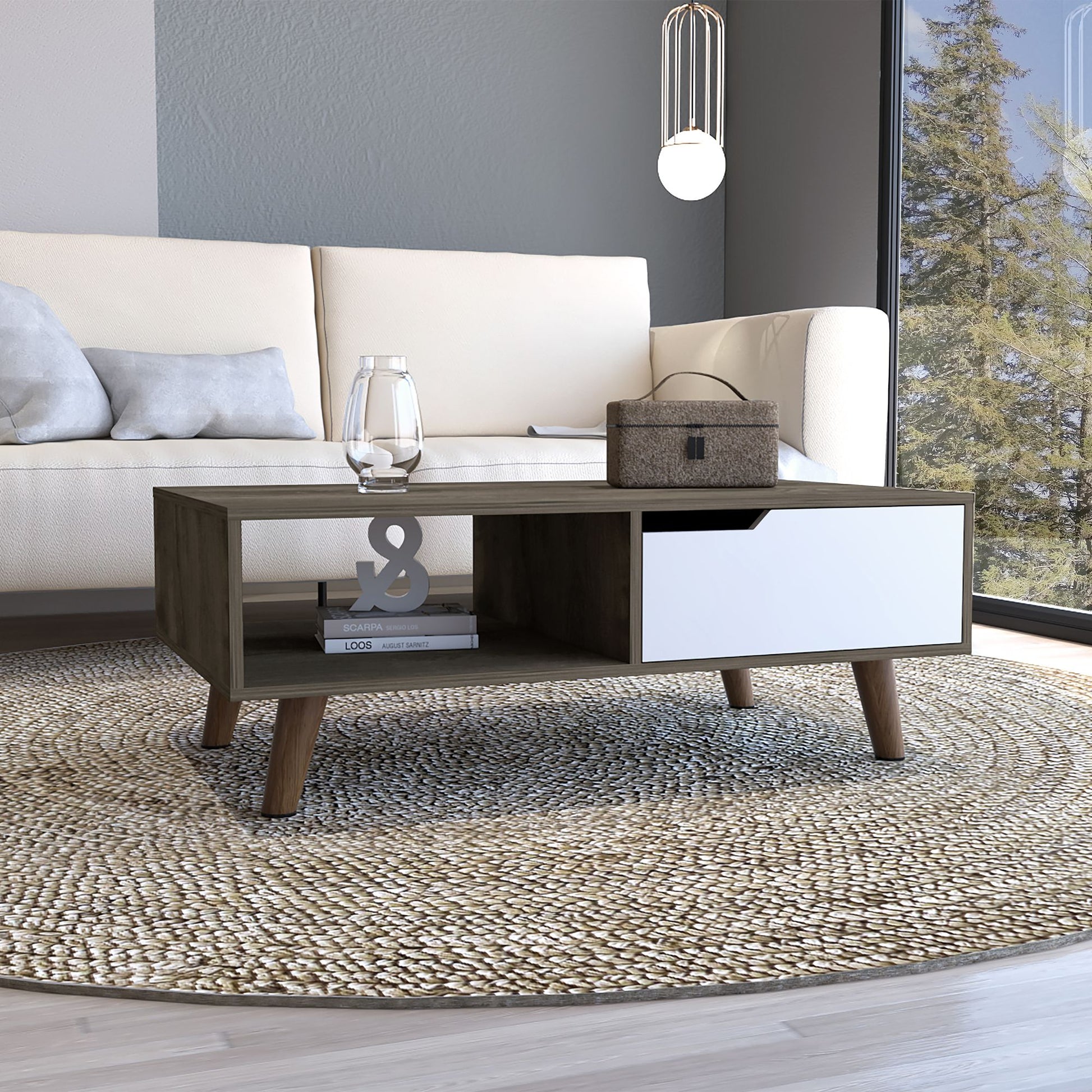 Coffee Table, One Open Shelf, One Drawer, Dark Brown/White image 1