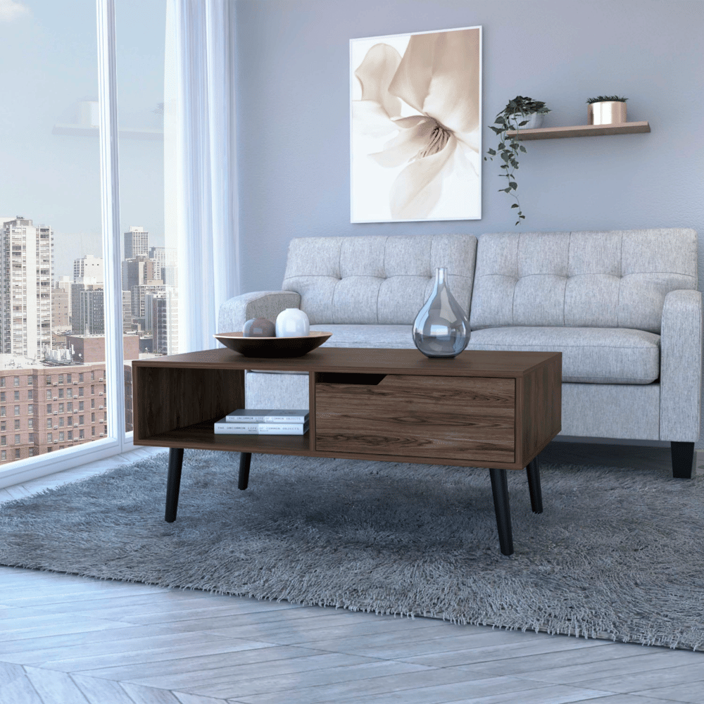 Coffee Table, One Open Shelf, One Drawer, Dark Walnut image 1