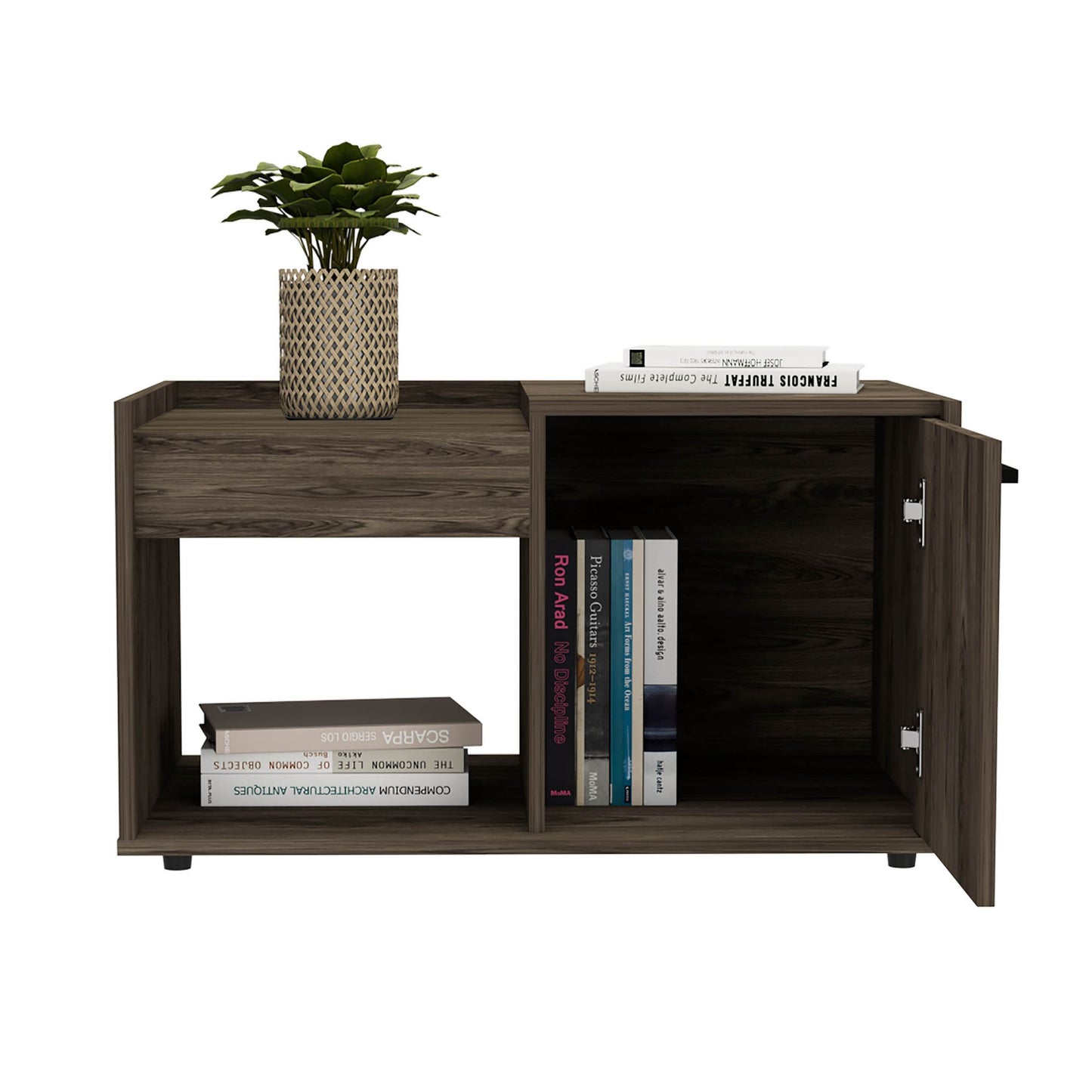 Coffee Table, One Open Shelf, Single Door Cabinet, Dark Walnut image 4