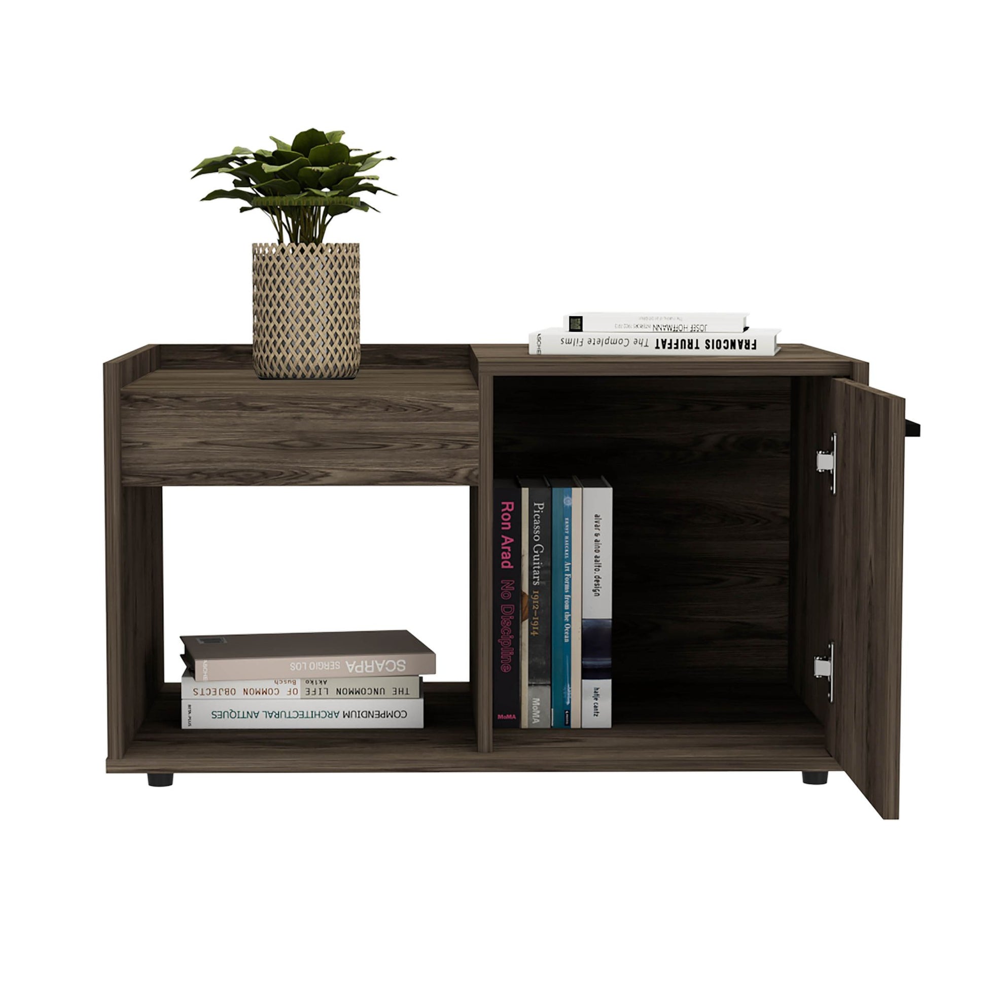 Coffee Table, One Open Shelf, Single Door Cabinet, Dark Walnut image 4
